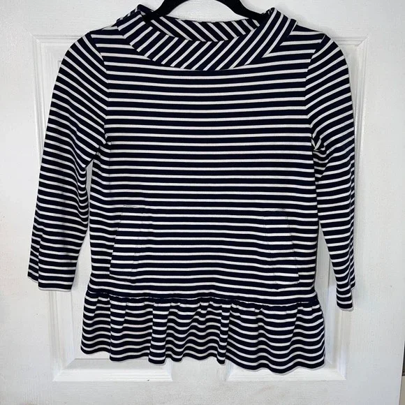 Kate Spade Striped Top Womens XS Navy White Ruffle Hem Nautical Preppy Chic - Picture 6 of 11